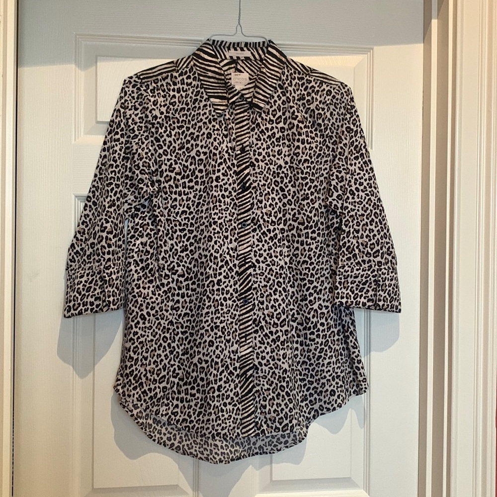 Chico’s non iron leopard blouse with 3/4 sleeves, longer back. Size 1,